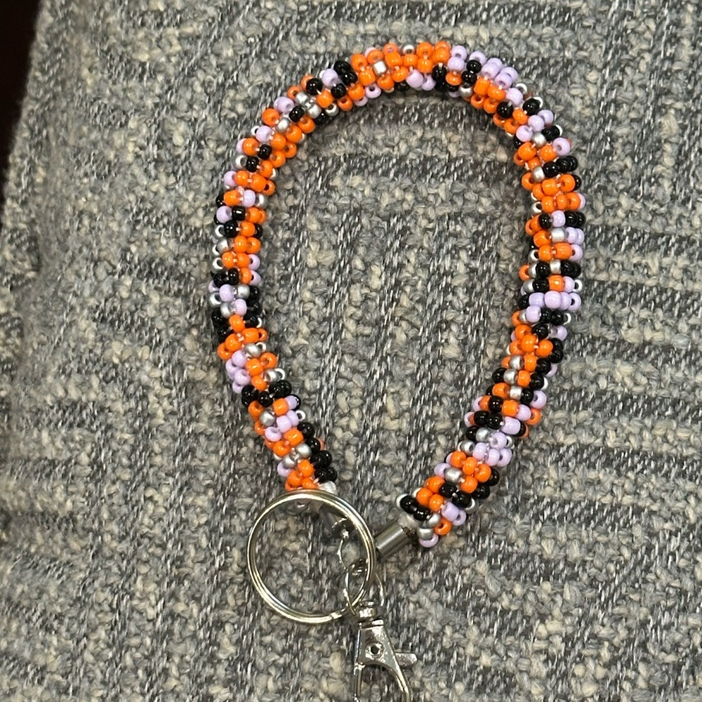 Handmade Beaded Keychain in Lavender, Orange, and Black